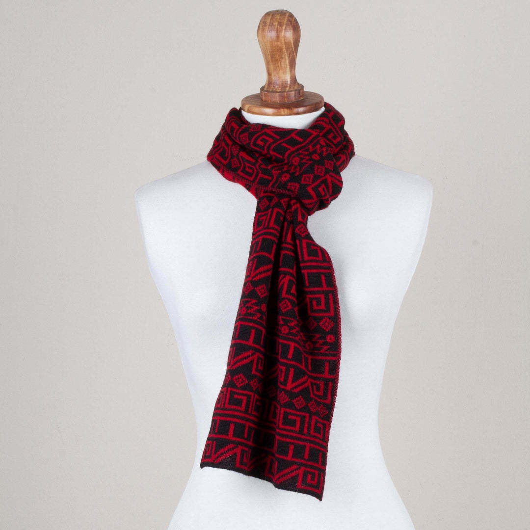 Knit Alpaca Blend Scarf in Black and Paprika from Peru - Inca Paprika