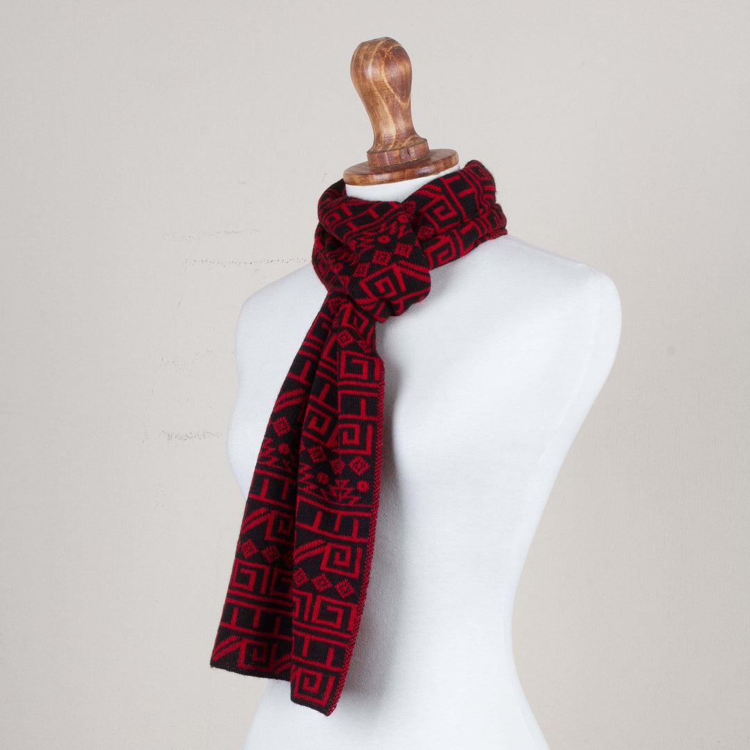Knit Alpaca Blend Scarf in Black and Paprika from Peru - Inca Paprika