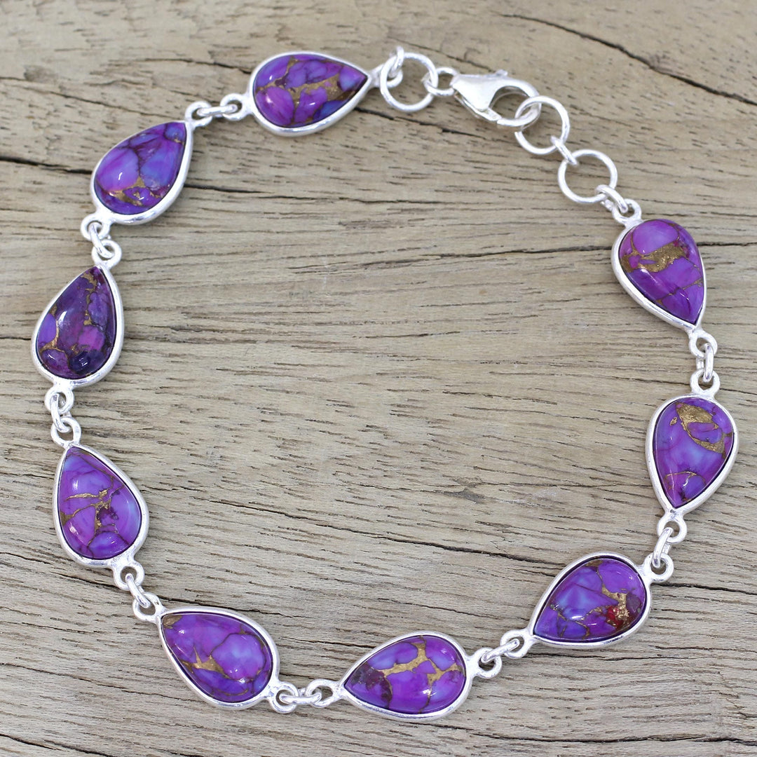 Sterling Silver and Purple Composite Turquoise Link Bracelet - Purple Cascade