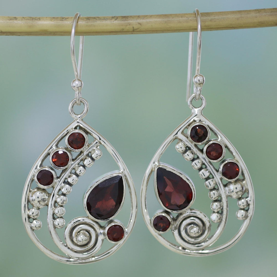 Garnet and Sterling Silver Dangle Earrings from India - Scarlet Dew