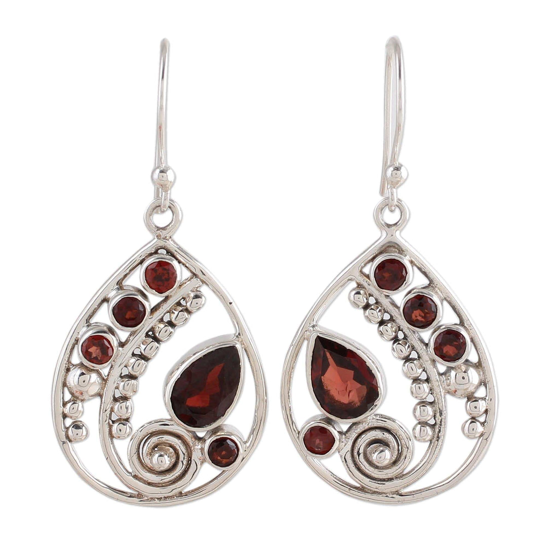 Garnet and Sterling Silver Dangle Earrings from India - Scarlet Dew