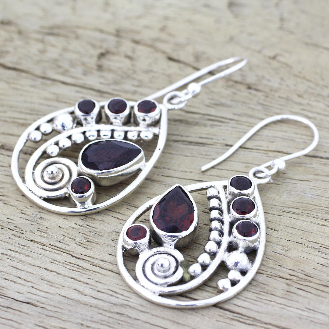 Garnet and Sterling Silver Dangle Earrings from India - Scarlet Dew
