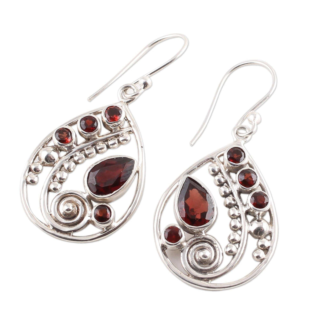 Garnet and Sterling Silver Dangle Earrings from India - Scarlet Dew
