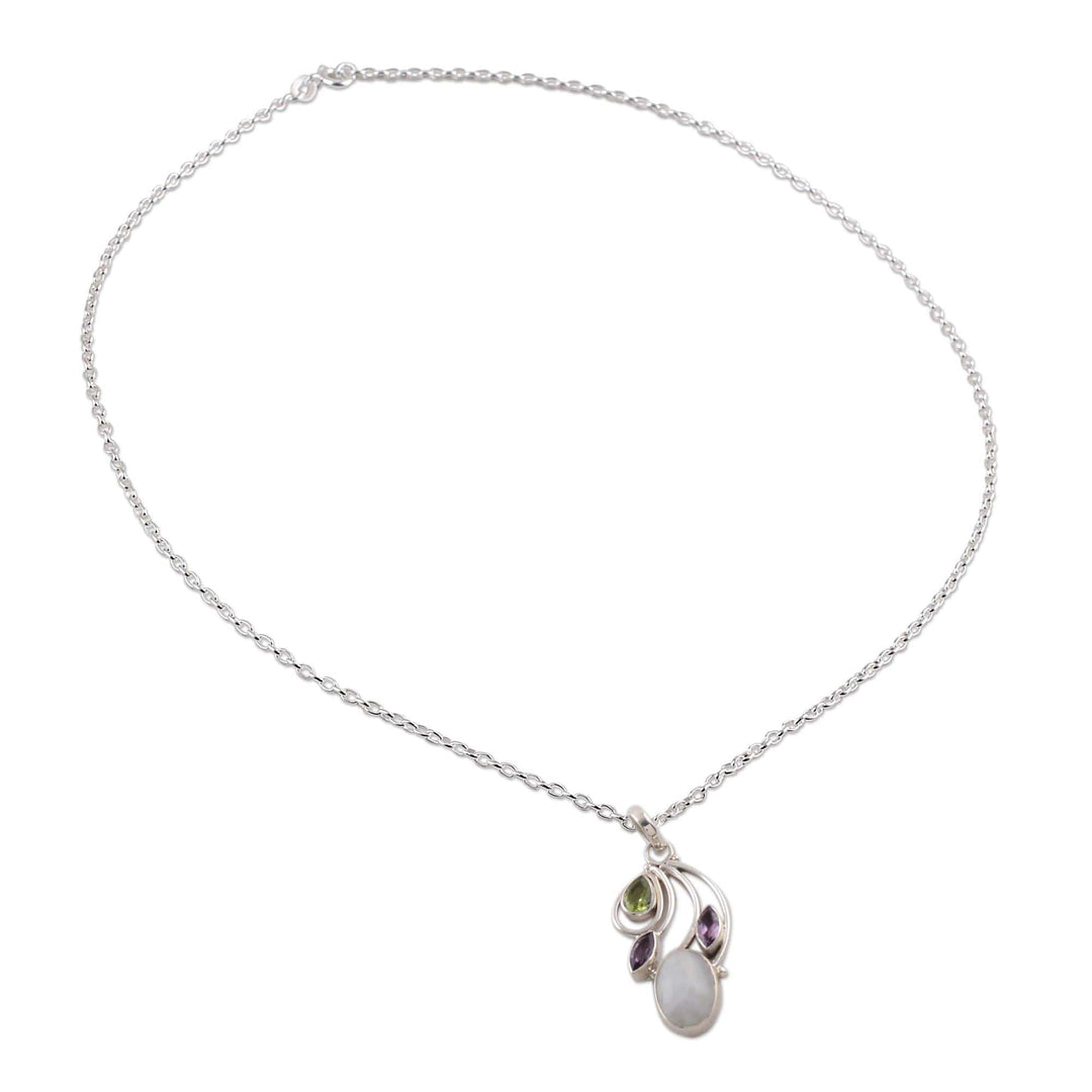 Multi-Gem Peridot Amethyst and Rainbow Moonstone Necklace - Majestic Harmony