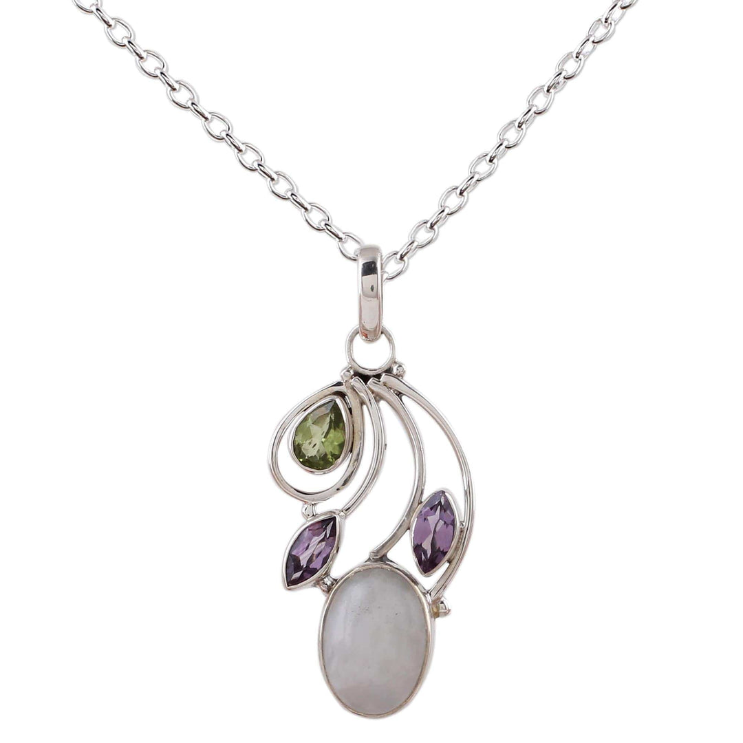 Multi-Gem Peridot Amethyst and Rainbow Moonstone Necklace - Majestic Harmony