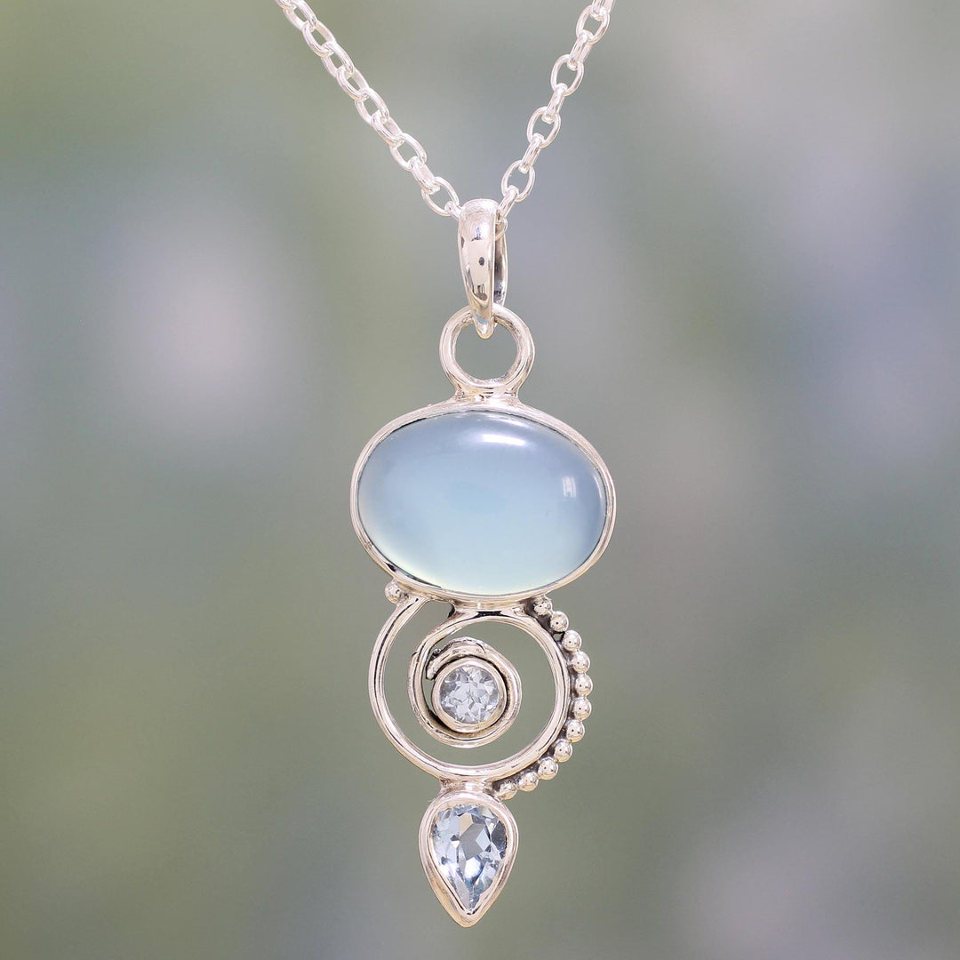 Blue Topaz and Chalcedony Pendant Necklace from India - Sentimental Journey
