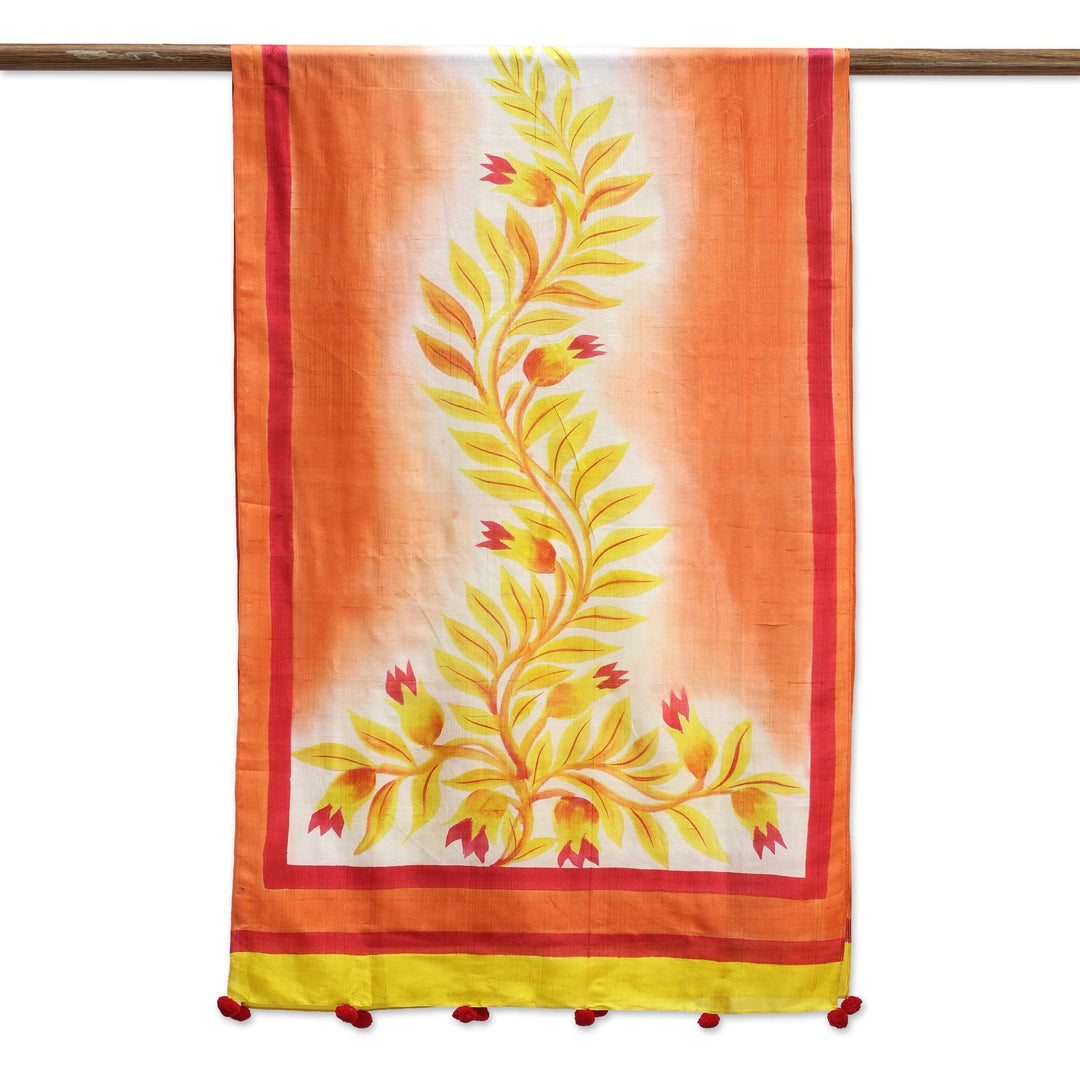 100% Silk Shawl in Peach Gold and Red with Leaf Theme - Mount Harriet Sunrise