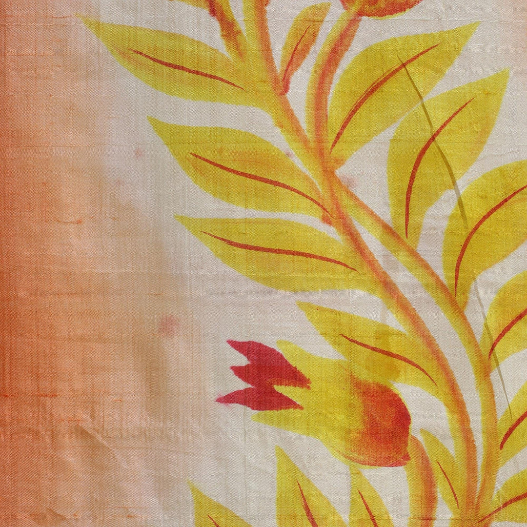 100% Silk Shawl in Peach Gold and Red with Leaf Theme - Mount Harriet Sunrise