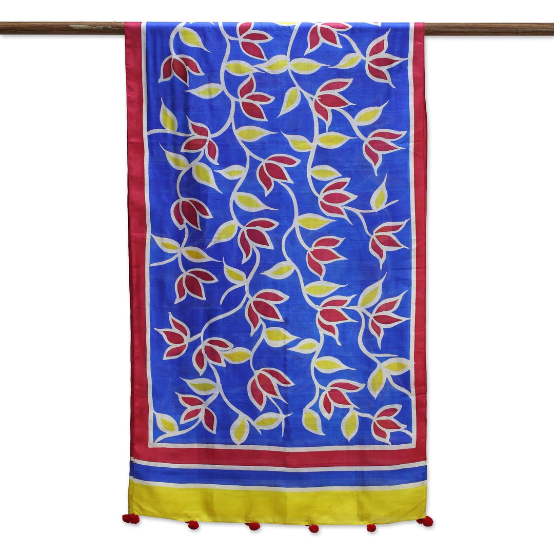 Hand Loomed 100% Bangalore Silk Shawl with Floral Motif - Floral Symphony