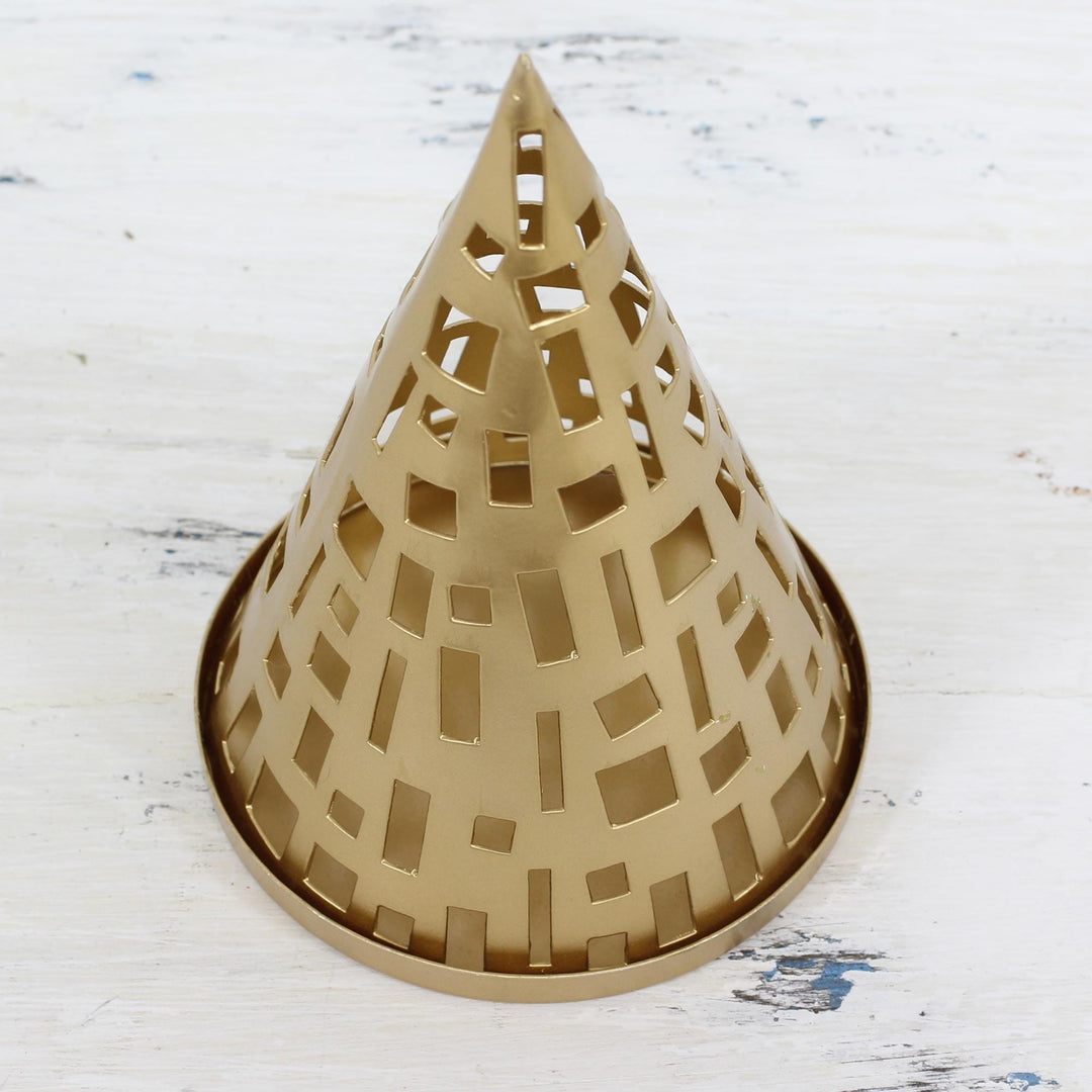Handcrafted Cone-Shaped Metal Tealight Holder from India - Glowing Cone