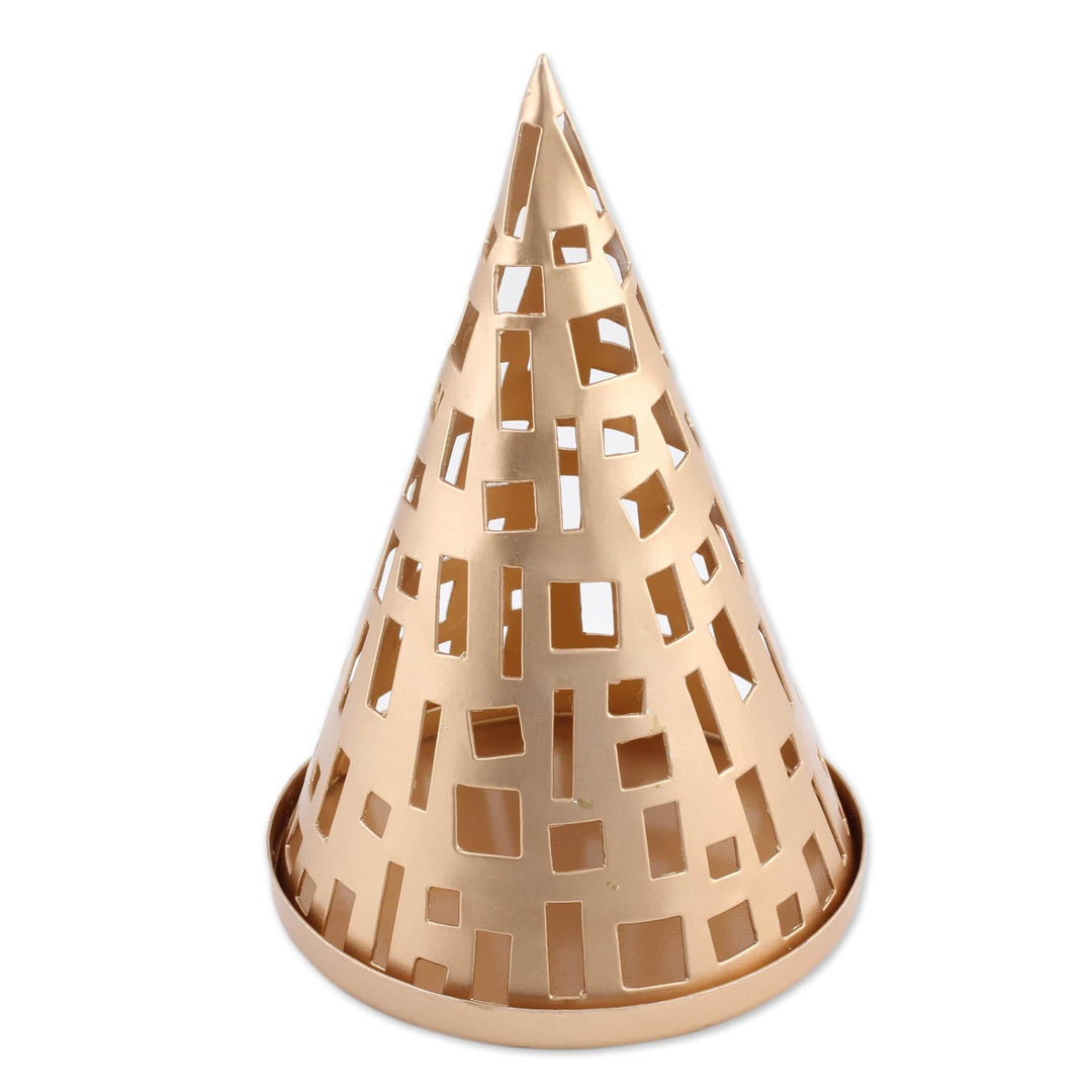 Handcrafted Cone-Shaped Metal Tealight Holder from India - Glowing Cone