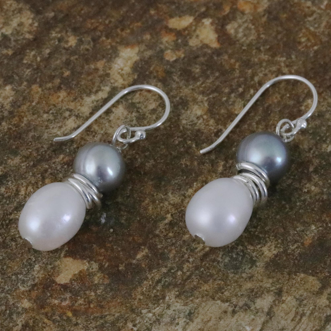 Artisan Crafted Grey and White Cultured Pearl Hook Earrings - Luxurious Grey Glam
