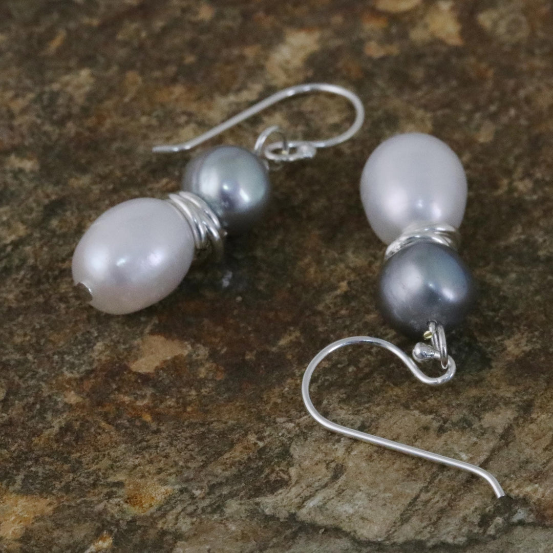 Artisan Crafted Grey and White Cultured Pearl Hook Earrings - Luxurious Grey Glam