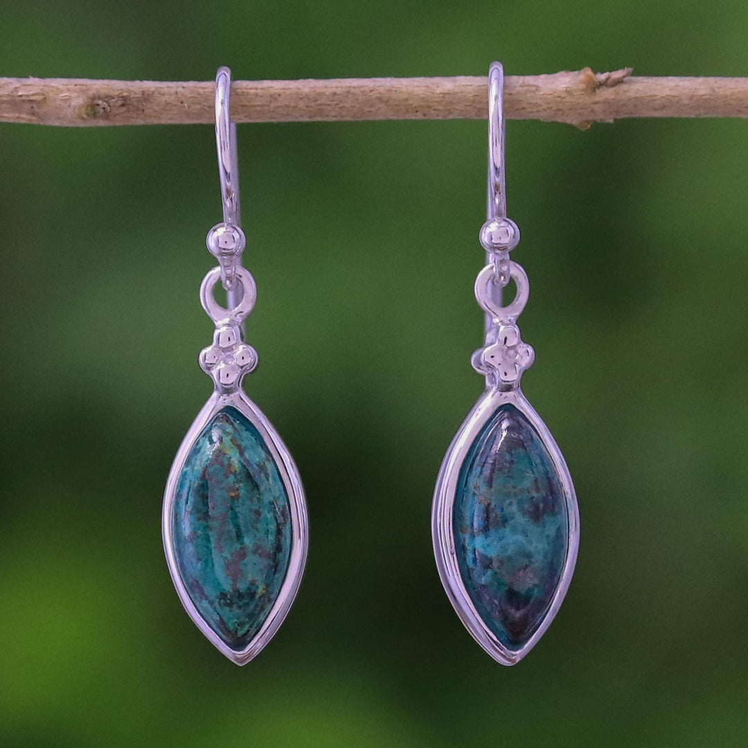 Rhodium Plated Chrysocolla Dangle Earrings from Thailand - Angel Dreams