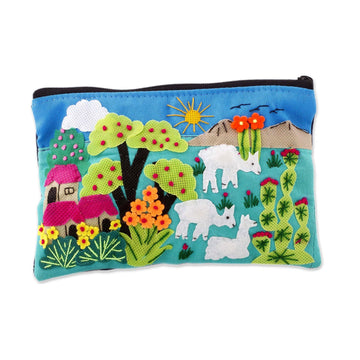 Patchwork Fair Trade Cosmetic Case with Peruvian Landscape - Blue Alpaca Afternoon