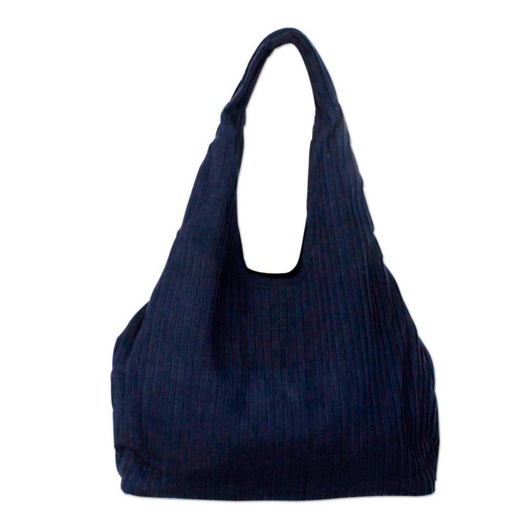 Textured Cotton Shoulder Bag in Midnight from Thailand - Thai Texture in Midnight