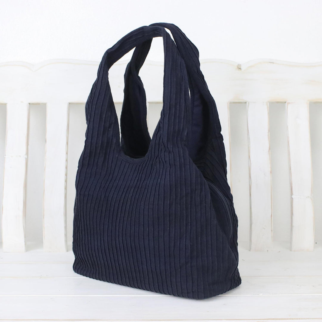 Textured Cotton Shoulder Bag in Midnight from Thailand - Thai Texture in Midnight