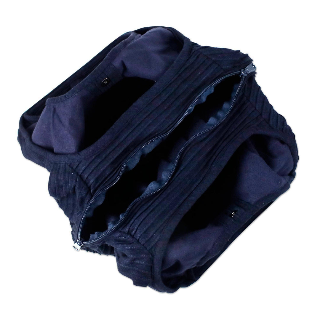 Textured Cotton Shoulder Bag in Midnight from Thailand - Thai Texture in Midnight