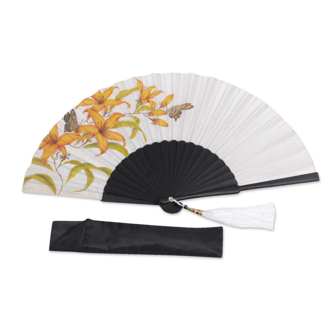 Handmade Silk and Mahogany Fan with Lilies and Butterflies - Moonlight Lily