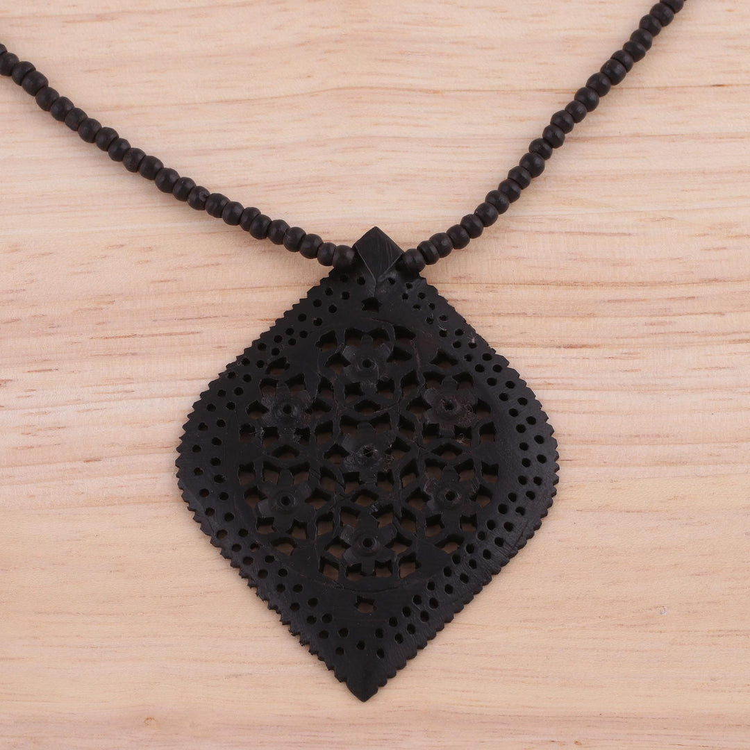 Beaded Ebony Wood Necklace with Hand Carved Leaf Pendant - Mughal Delight
