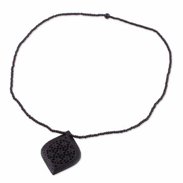 Beaded Ebony Wood Necklace with Hand Carved Leaf Pendant - Mughal Delight