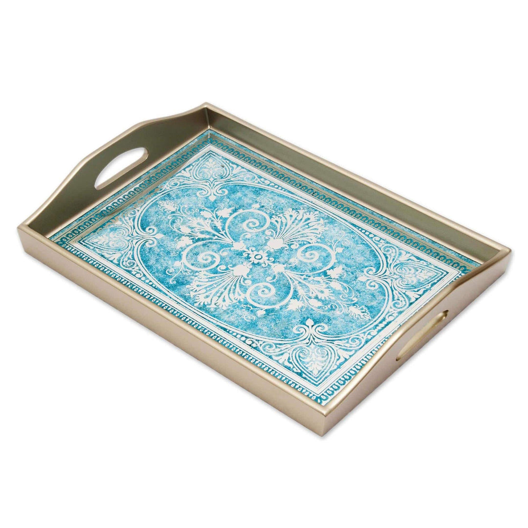 Reverse Painted Glass Tray in Blue and Silver - Floral Marvel in Silver