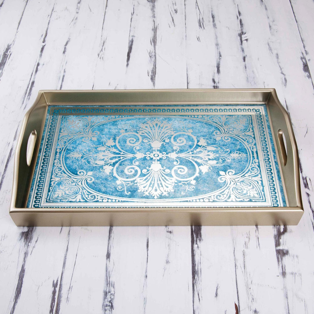 Reverse Painted Glass Tray in Blue and Silver - Floral Marvel in Silver