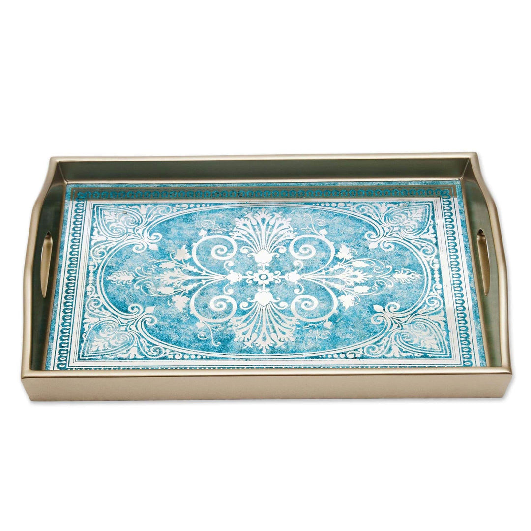Reverse Painted Glass Tray in Blue and Silver - Floral Marvel in Silver
