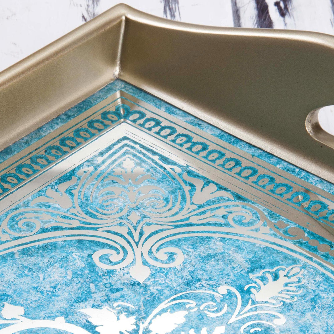 Reverse Painted Glass Tray in Blue and Silver - Floral Marvel in Silver