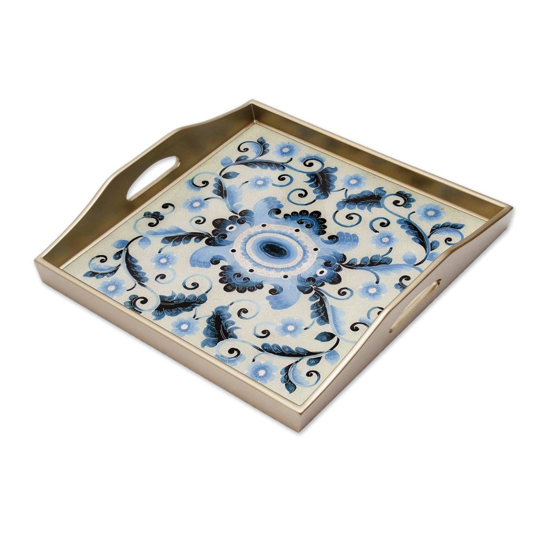 Reverse-Painted Glass Tray with Blue Floral Motifs - Celestial Paradise