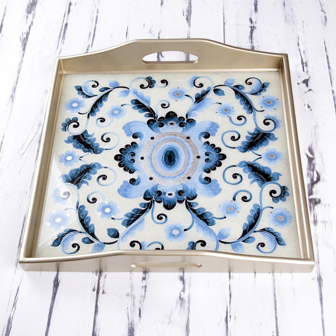 Reverse-Painted Glass Tray with Blue Floral Motifs - Celestial Paradise