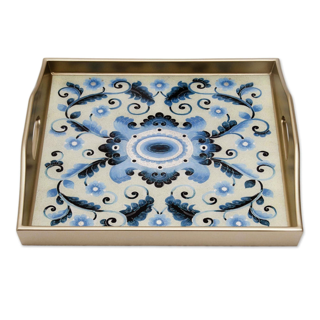 Reverse-Painted Glass Tray with Blue Floral Motifs - Celestial Paradise