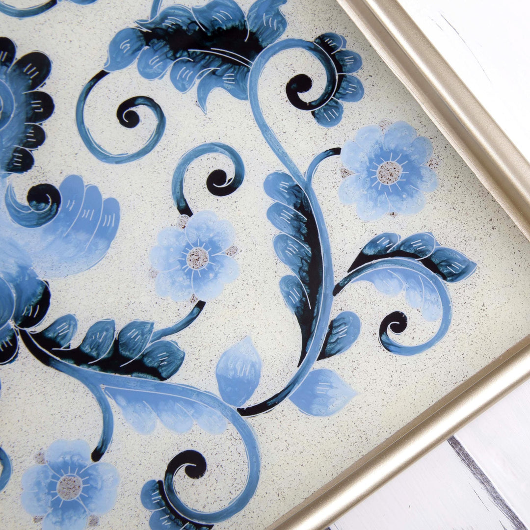 Reverse-Painted Glass Tray with Blue Floral Motifs - Celestial Paradise