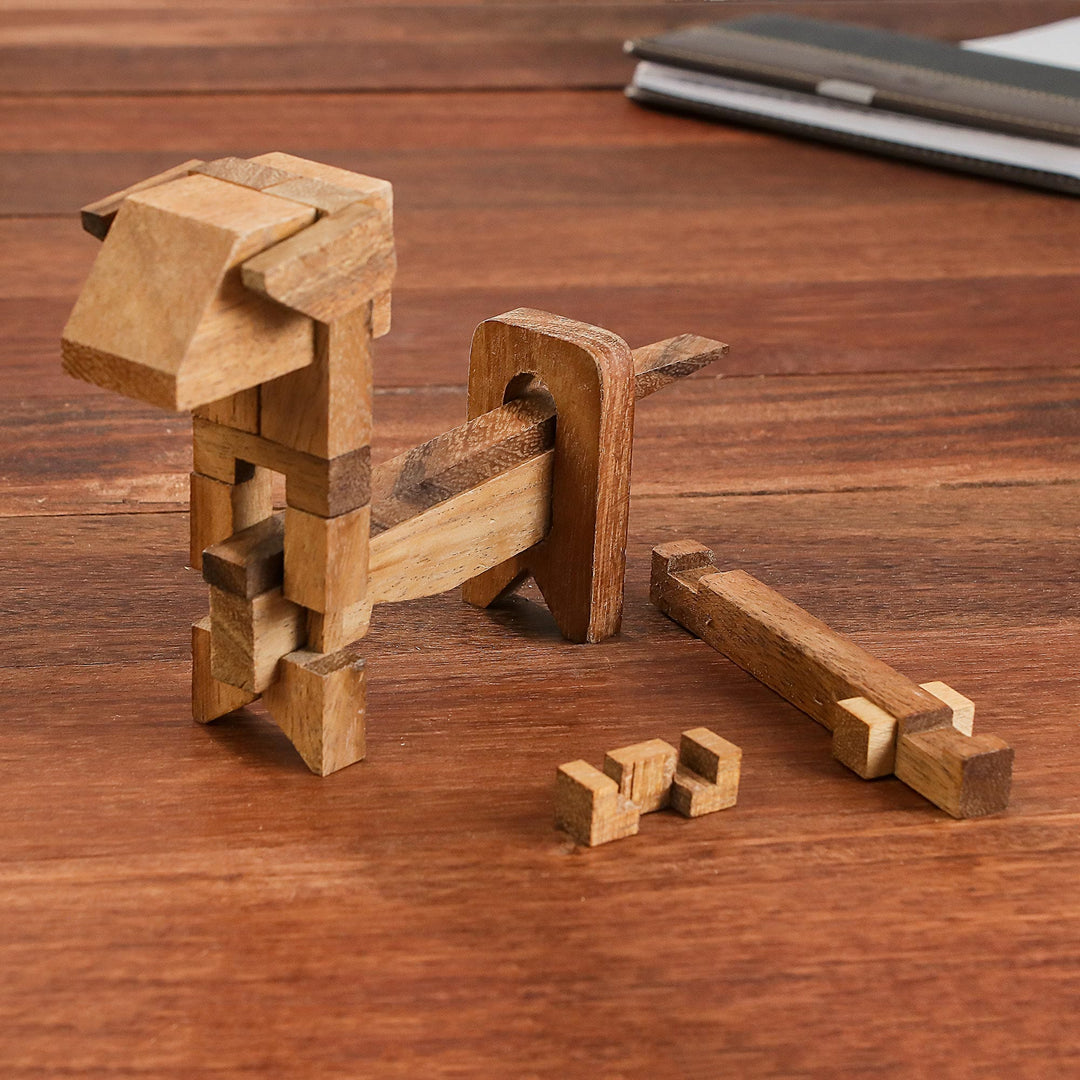 Handcrafted Wood Dog-Shaped Puzzle from Thailand - Excited Puppy