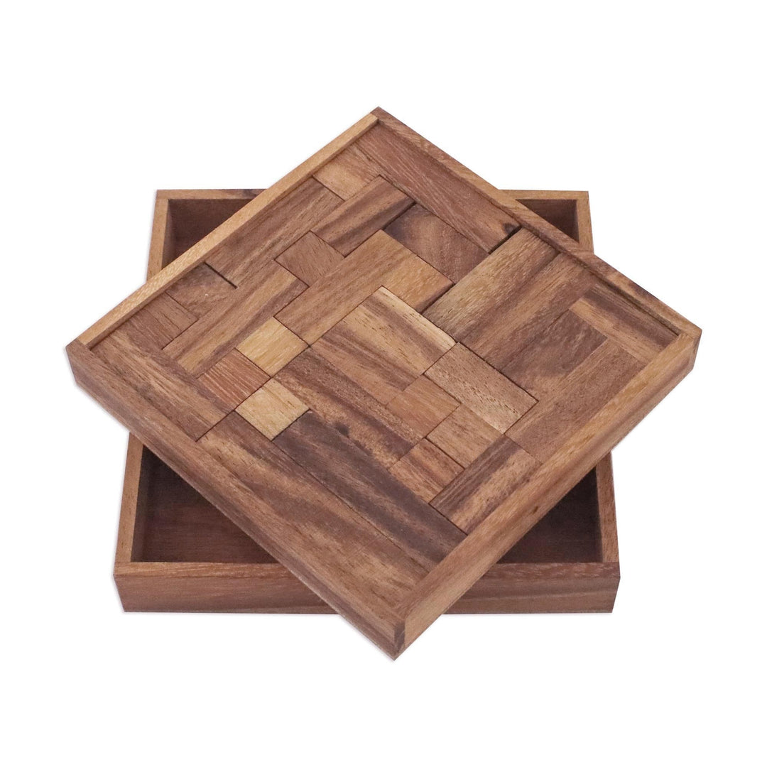 Handcrafted Square Wood Geometric Puzzle from Thailand - Geometry Game