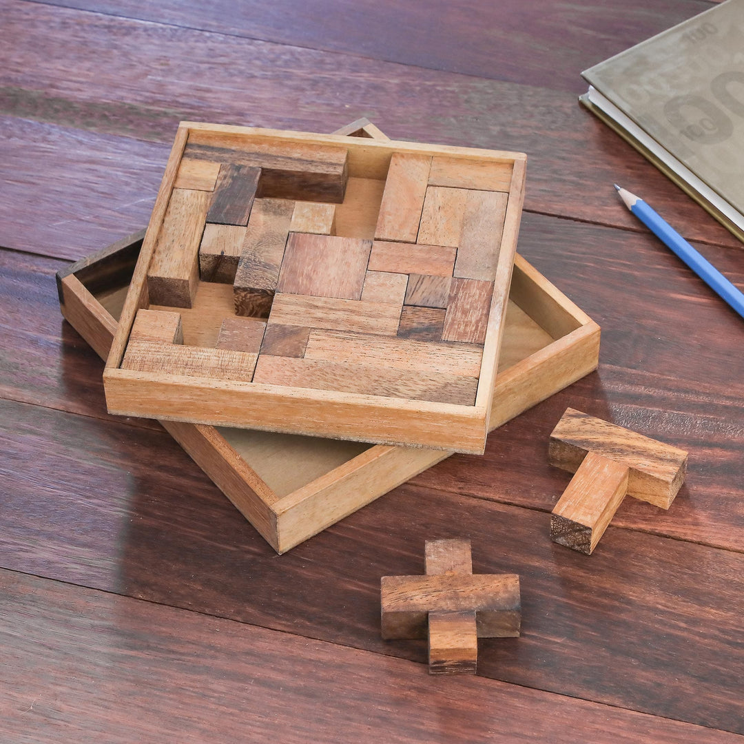Handcrafted Square Wood Geometric Puzzle from Thailand - Geometry Game