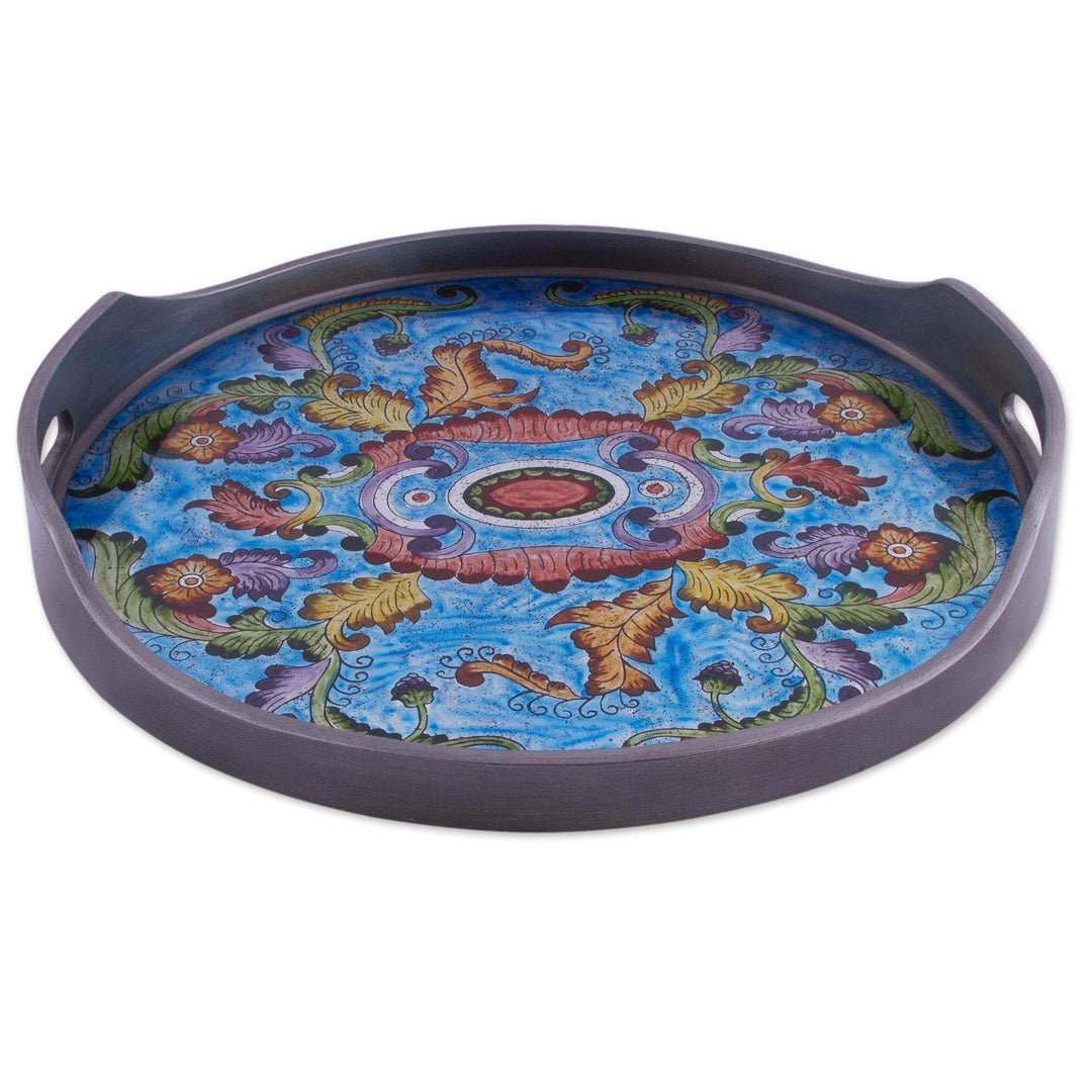 Reverse Painted Glass Floral Tray in Blue - New Blue Bloom