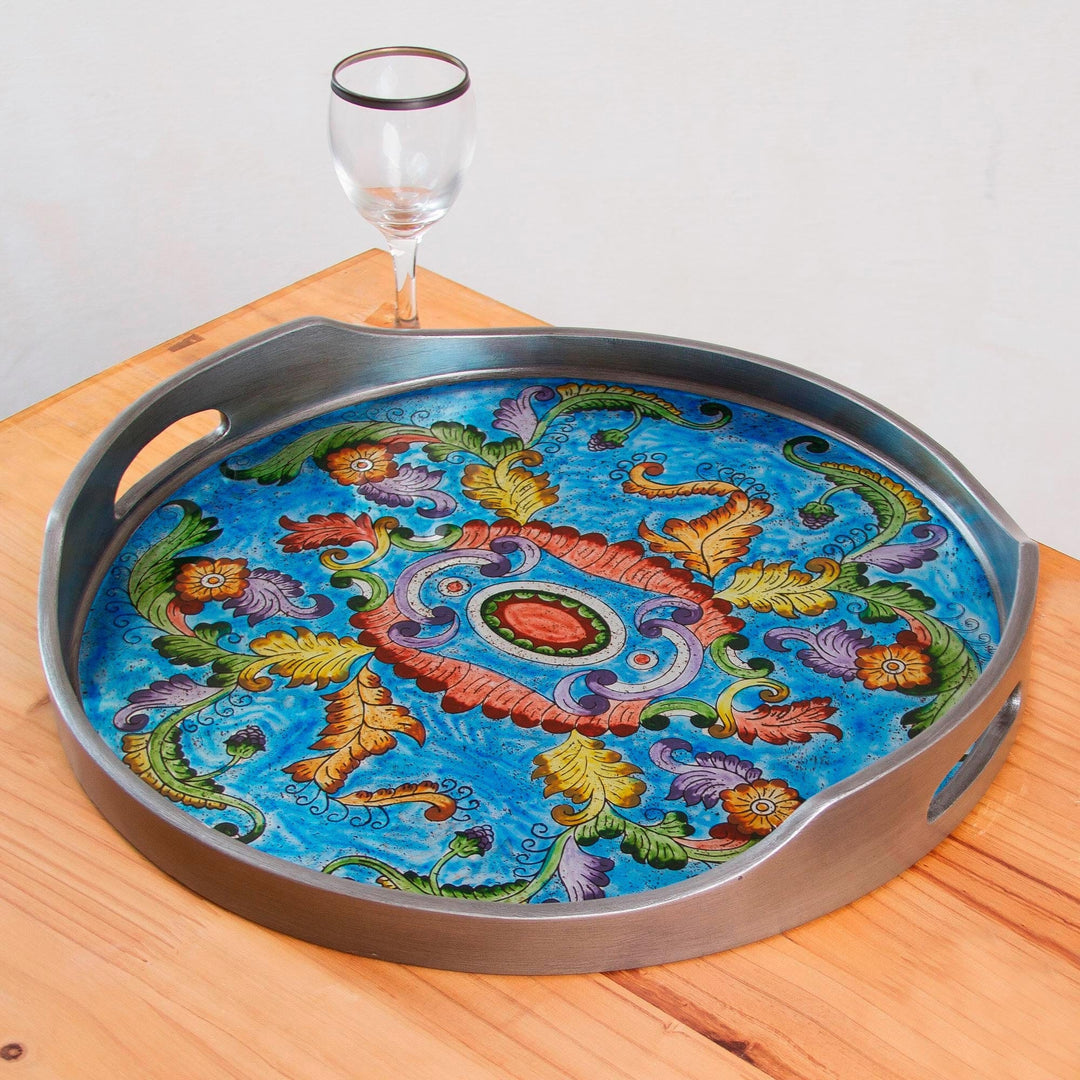 Reverse Painted Glass Floral Tray in Blue - New Blue Bloom