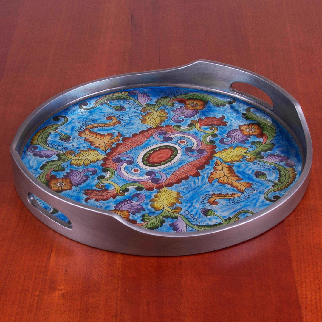 Reverse Painted Glass Floral Tray in Blue - New Blue Bloom