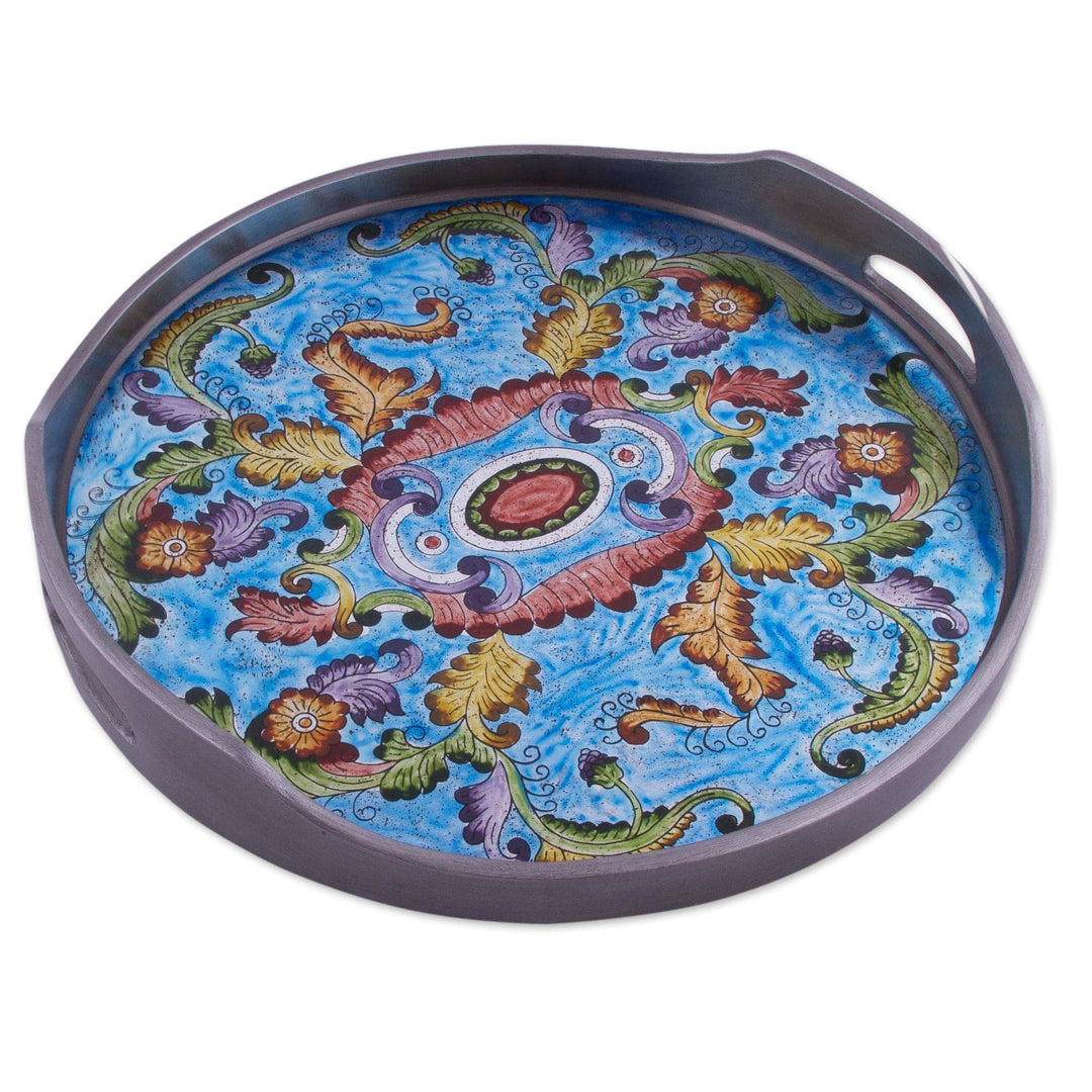 Reverse Painted Glass Floral Tray in Blue - New Blue Bloom