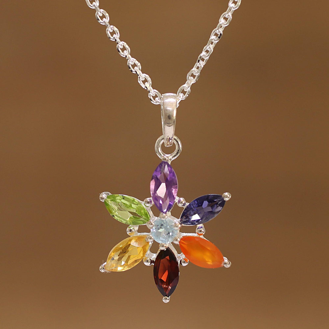 Multi-Gemstone Floral Pendant Necklace from India - Floral Chakra