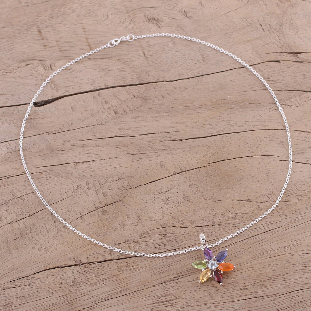 Multi-Gemstone Floral Pendant Necklace from India - Floral Chakra