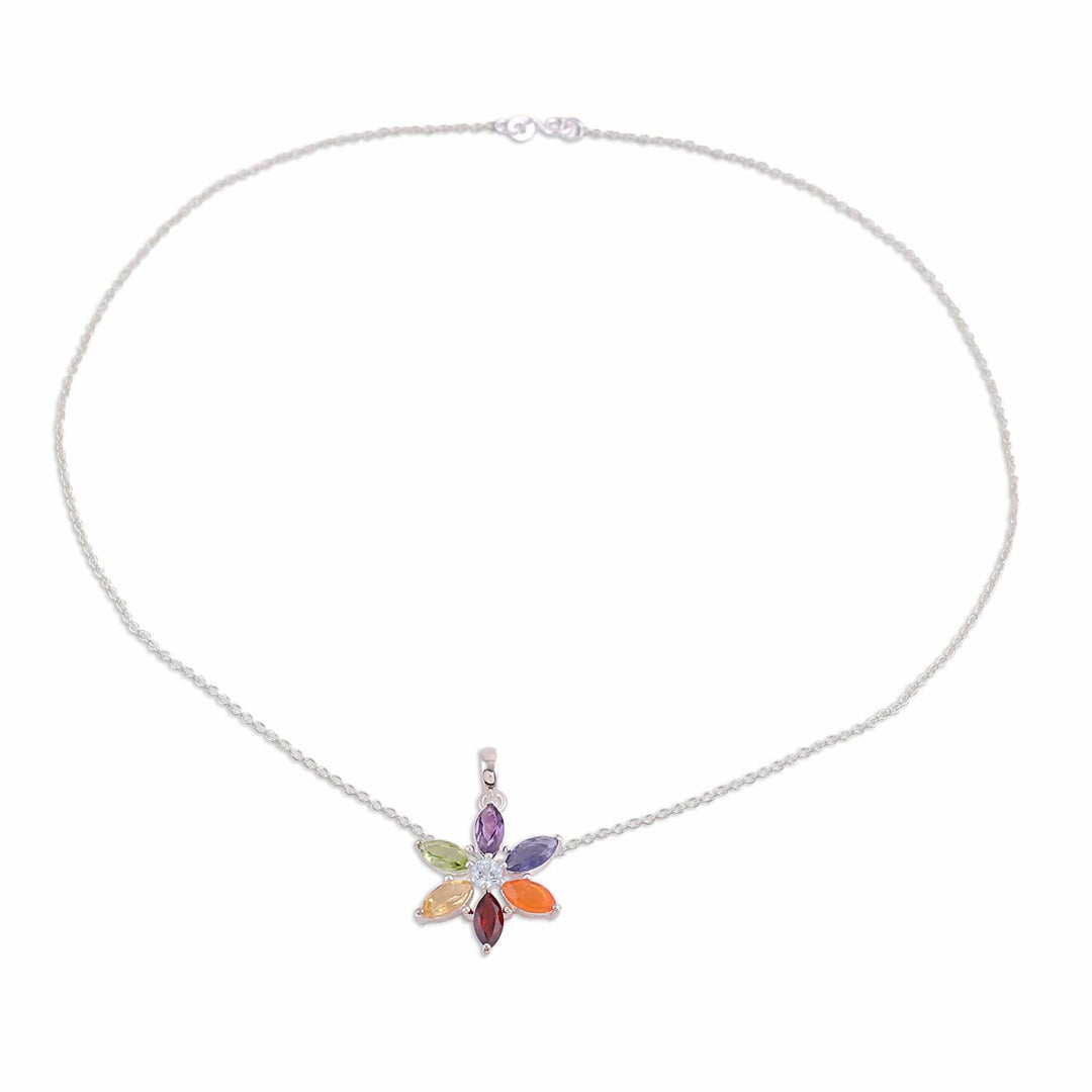 Multi-Gemstone Floral Pendant Necklace from India - Floral Chakra