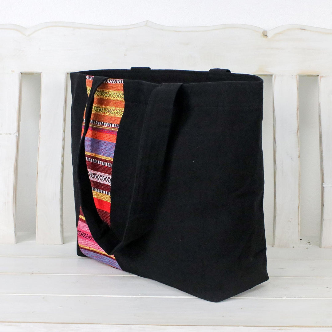 Black Cotton Tote Bag with Stripe Design from Thailand - Spring in Thailand