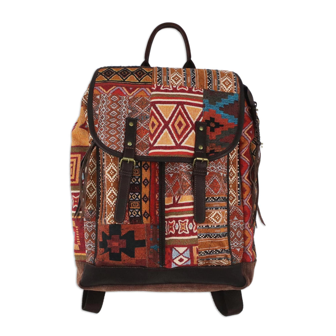 Leather Accent Cotton Blend Backpack from Thailand - Geometric Adventurer