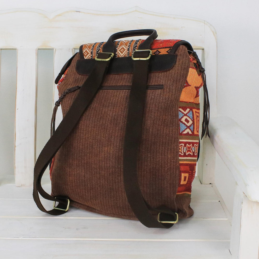 Leather Accent Cotton Blend Backpack from Thailand - Geometric Adventurer