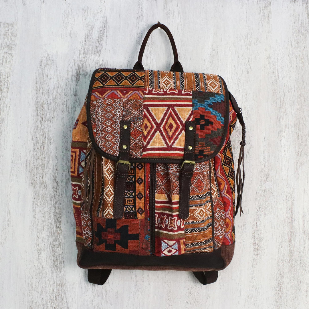Leather Accent Cotton Blend Backpack from Thailand - Geometric Adventurer
