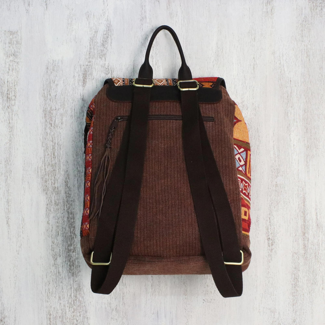 Leather Accent Cotton Blend Backpack from Thailand - Geometric Adventurer