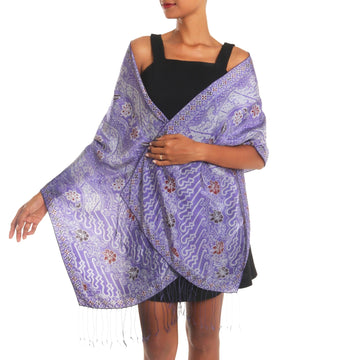Artisan Crafted Batik Floral Silk Shawl in Iris from Bali - Forest Waves in Iris