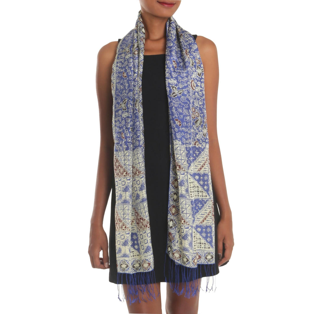 Batik Silk Shawl with Indigo Floral Motifs from Bali - Orchid Temple in Indigo